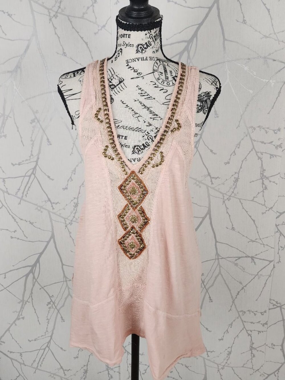 Free People Pale Pink Beaded Sequin Focus On Centre Tank